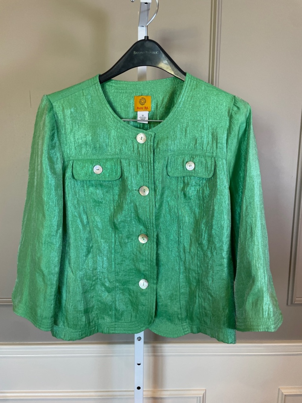 Ruby Rd. 12 Green Jacket Cardigan Shimmer Shine Lightweight Kelly Green Office